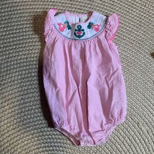 Lil Cactus seersucker Smocked romper mermaid embroidery, and anchor details